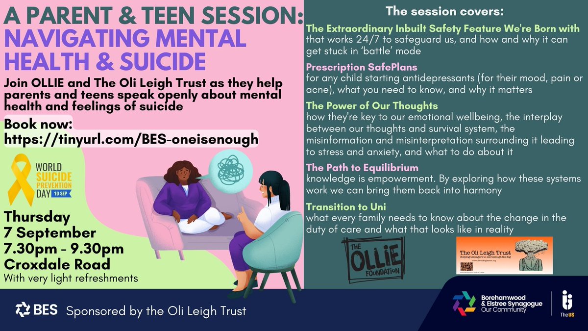 Join Borehamwood & Elstree United Synagogue together with The OLLIE Foundation and The Oli Leigh Trust on Thursday 7 September as they help parents and teens speak openly about mental health. Book your place here: tinyurl.com/BES-oneisenough