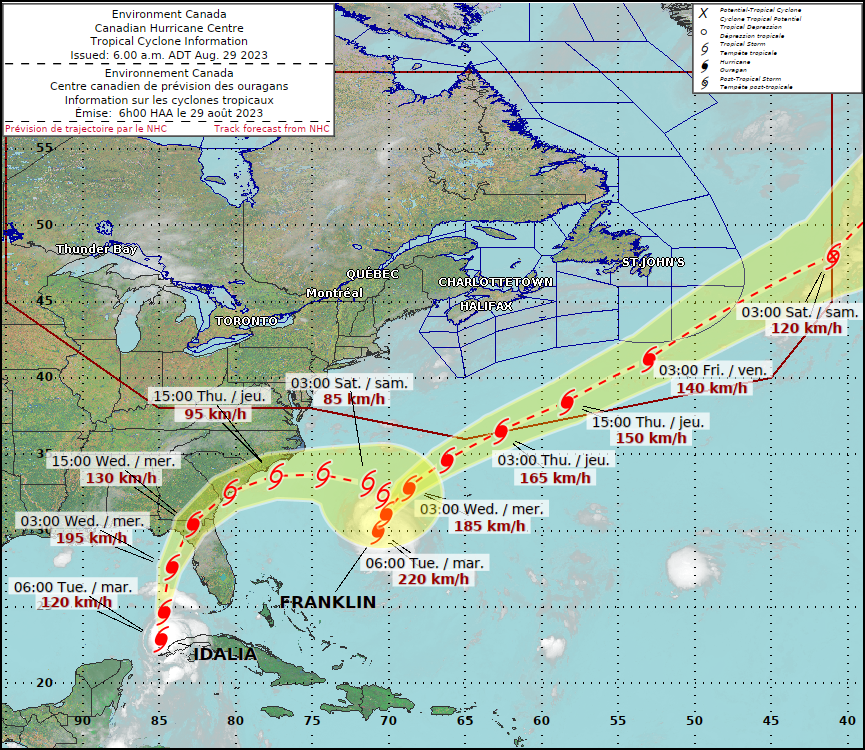 mattdagley's tweet photo. #FRANKLIN and #IDALIA 
Environment Canada - Canadian Hurricane Centre
(6:00 am Aug 29, 2023) https://t.co/97jB5L3rUz