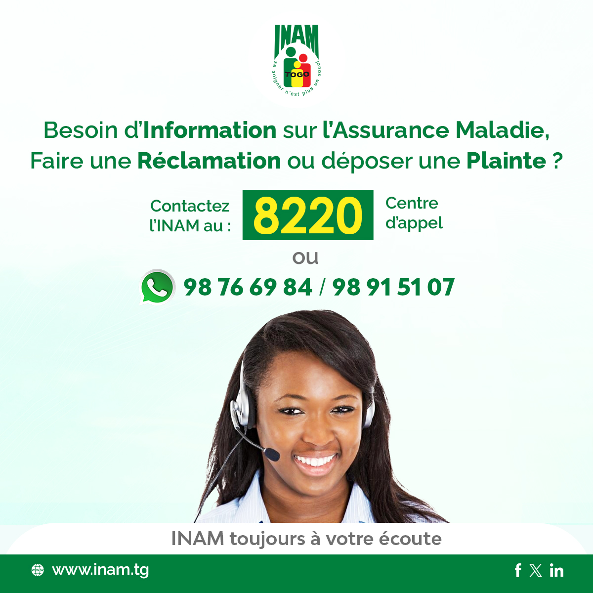 Besoin d’information sur l’Assurance Maladie, faire une réclamation ou déposer une plainte ?

➡ Contactez l’INAM au 8220 (Centre d’appel) ou par WhatsApp au 98 76 69 84 / 98 91 51 07

INAM, toujours à votre écoute.

#INAM #InamTogo #Togo #AssuranceMaladie #Santé  #prestations