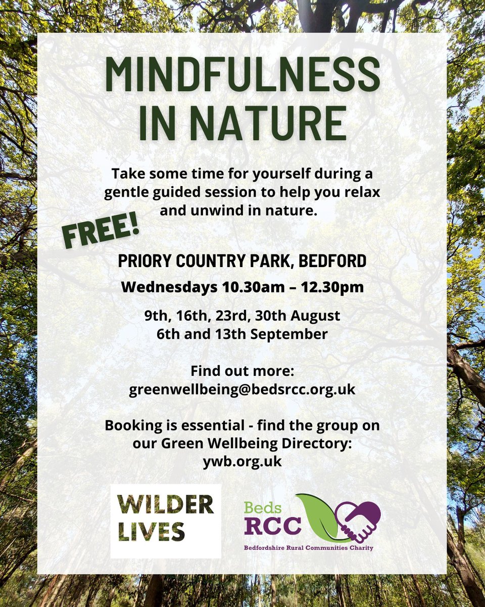 Join us for our FREE Mindfulness in Nature session tomorrow 📍 Priory Country Park, Bedford, 10:30am-12:30pm 🌿 Find out more: bit.ly/3KhmSrV 

@BedfordExplore @RC_BedsLuton @BedfordTweets @visitbedford 

#mindfulness #nature #bedfordshire #bedford #bedfordpark