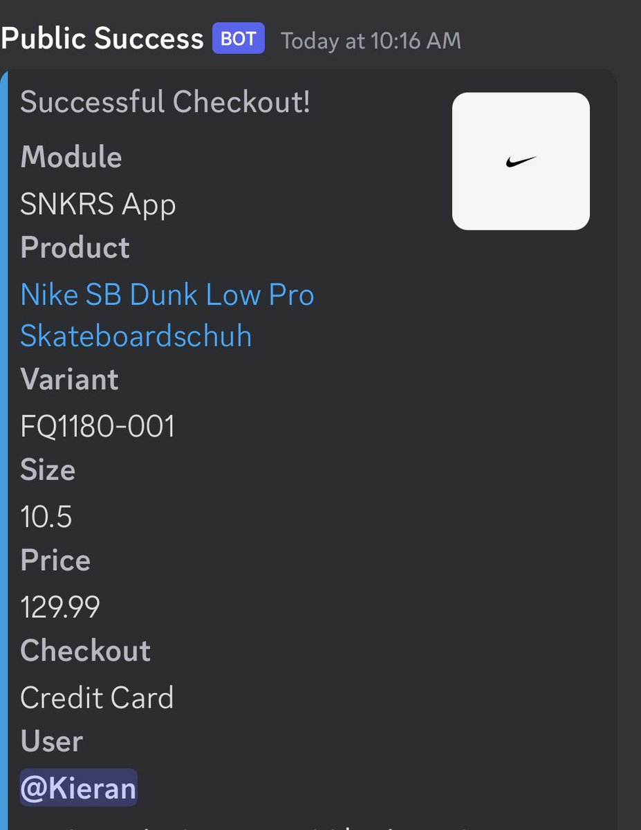 Nike SB Dunk Low Yuto 1 W 1/150 accounts Bot: @ConcordAIO Proxies: @Marsproxies Overall alright drop considering such low stock. Big things coming soon 🤐