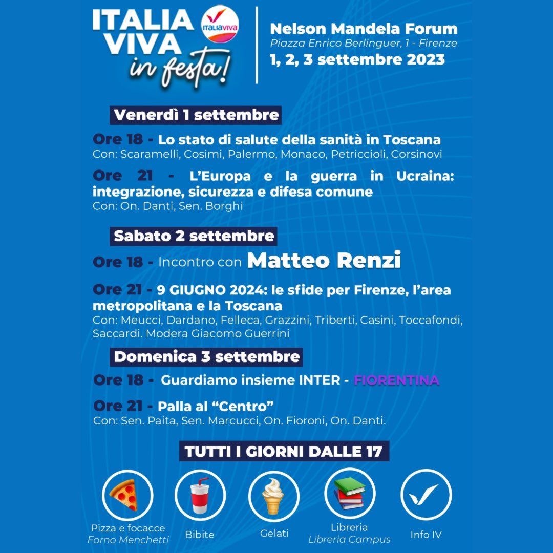 IVFirenze's tweet photo. Ti aspettiamo per tre giorni di dibattiti e incontri a Firenze per la festa di Italia Viva Toscana! Sabato alle 18 anche @matteorenzi! https://t.co/IRZTb0hTGa