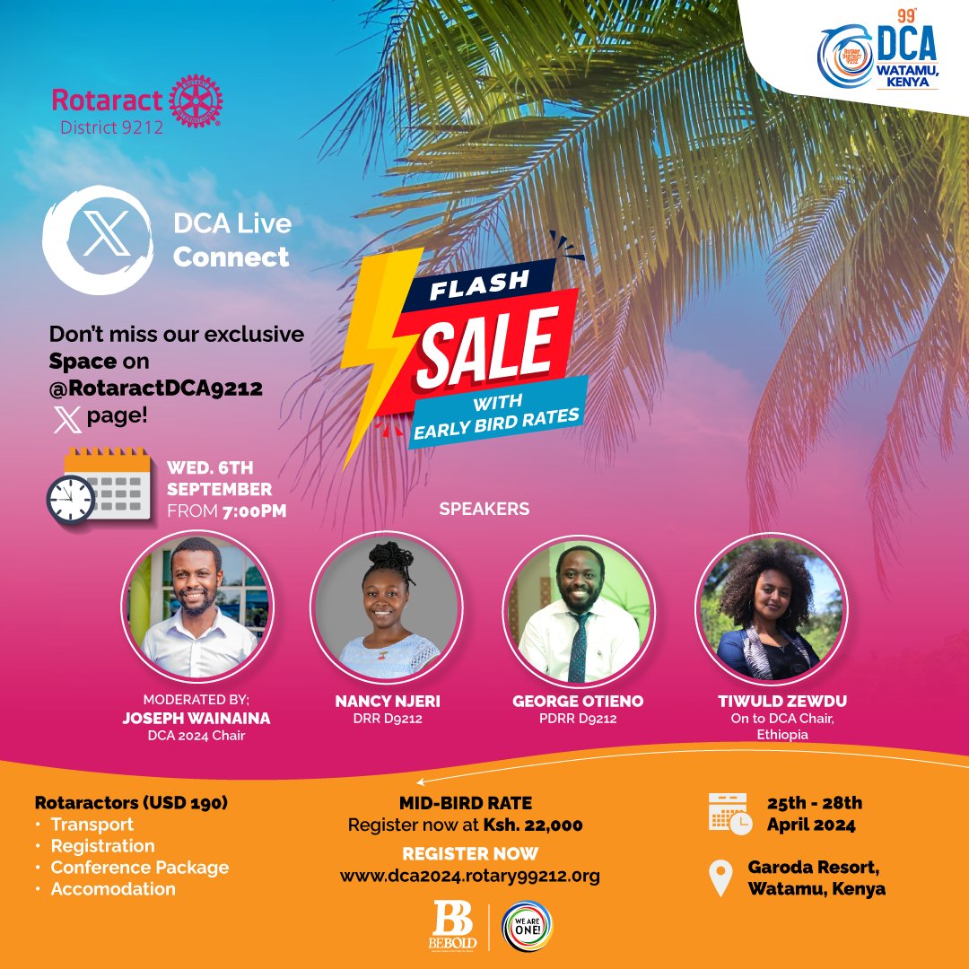rotaractdca9212's tweet photo. 🔊Mbiu ya mgambo ikilia? KUNA JAMBOO!!!

We've told you enough about birds haven't we 😅
Now be on the lookout for our first live engagement on  X 👀 
https://t.co/BNEf2g9bRS

Registration is still ongoing at https://t.co/SXC0BEXM31

Mark your calendars for 6th September 2023 https://t.co/1f4drlk9gt