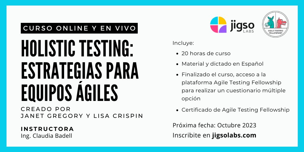 ¿Quieres aprender cómo el #testing se integra de forma #ágil en iteraciones cortas y entregas frecuentes de valor?  

¡Inscríbete al curso Holistic Testing: estrategias para equipos ágiles!➡️jigsolabs.com/curso-holistic…

#holistictesting #agiletestingfellow #agiletesting