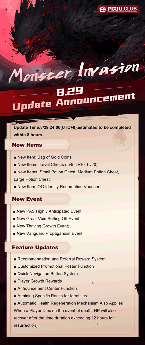 voidmetaverse's tweet photo. Monster Invasion 8/29 Update and Maintenance Announcement 📌
#NFTsCommunity #NFTs #Monsterinvasion https://t.co/H8EnPJMyBD