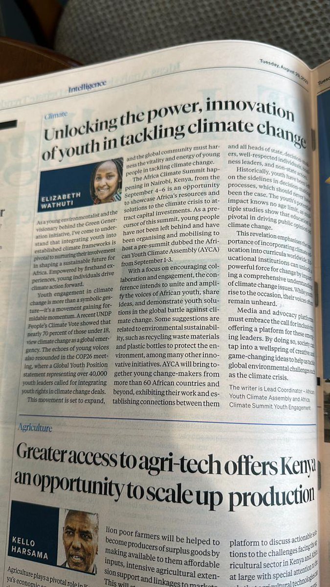 lizwathuti's tweet photo. Penned an Op-Ed on Today’s Business Daily.

“The call for climate action is universal, transcending borders and generations. Youth, driven by creativity, innovation, &amp; boundless energy, stand poised to be the catalysts of change”.

More @AYCAssembly2023 and the @AfClimateSummit. https://t.co/SOCtuCwJE6