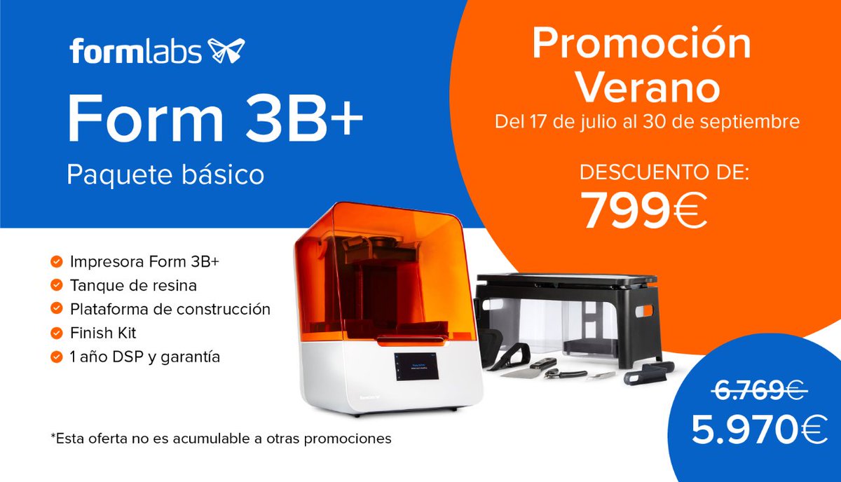 Solidperfil3d's tweet image. ☀️¡PROMOCIÓN DE VERANO DE FORMLABS!☀️

Aprovecha esta oportunidad de Formlabs para adquirir uno de los 3 paquetes de la #Form3B+ con tecnología #SLA.

✅¡No dejes escapar esta increible oportunidad!✅