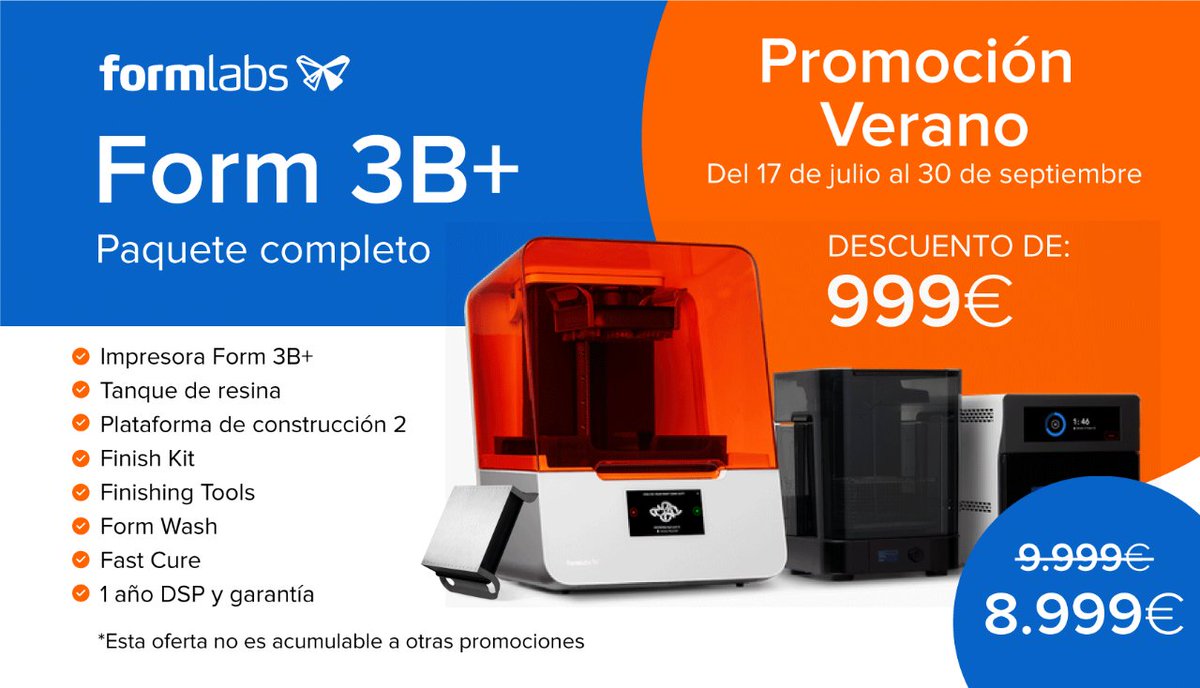 Solidperfil3d's tweet image. ☀️¡PROMOCIÓN DE VERANO DE FORMLABS!☀️

Aprovecha esta oportunidad de Formlabs para adquirir uno de los 3 paquetes de la #Form3B+ con tecnología #SLA.

✅¡No dejes escapar esta increible oportunidad!✅