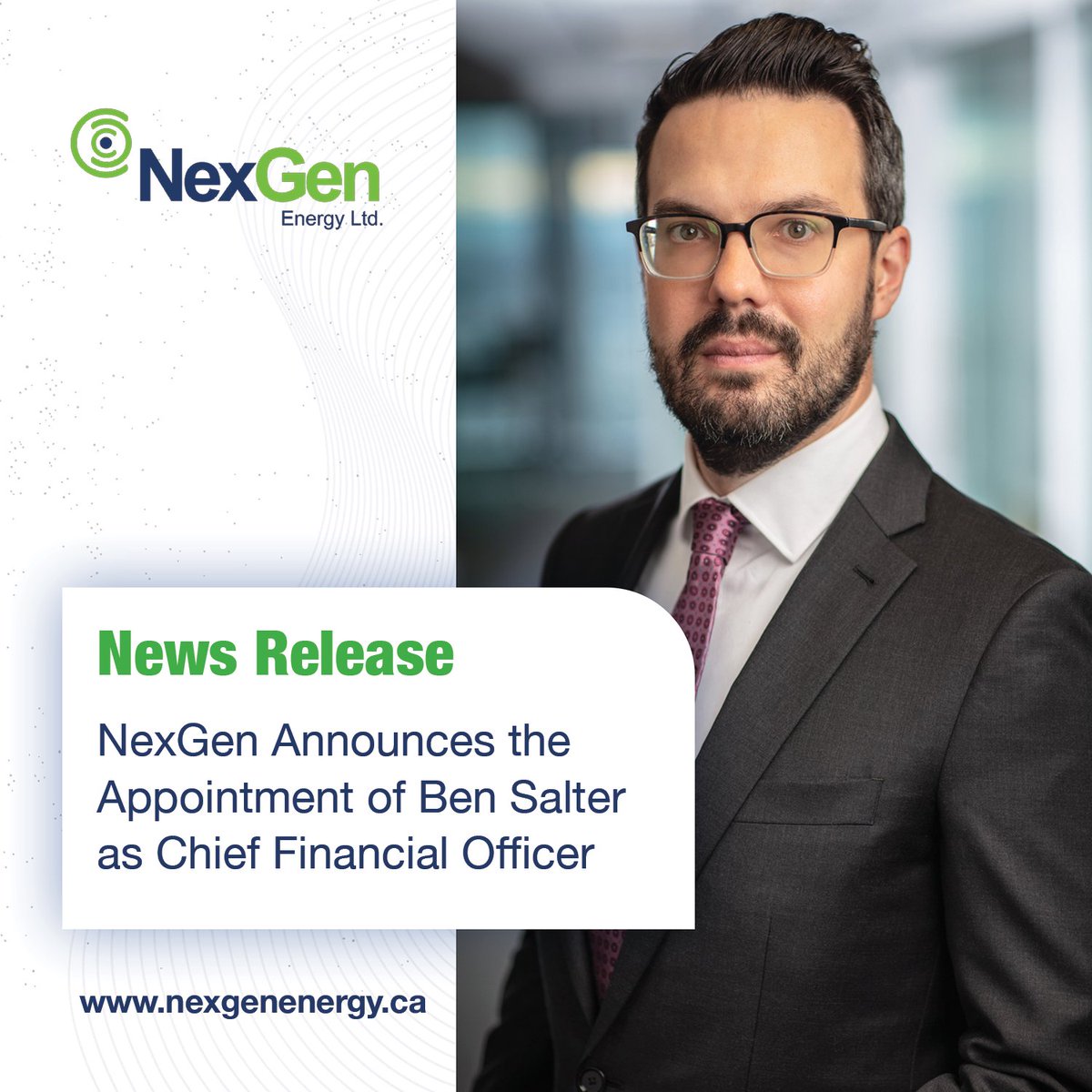 NexGenEnergy_'s tweet photo. $NXE is pleased to announce that Ben Salter has been appointed as our new Chief Financial Officer. Previously serving as our VP of Finance since Oct 2022 &amp; Acting CFO since July 2023. Congratulations, Ben! 
Read more: https://t.co/jimO1O916e
#ThisIsNexGen @travmcph @leighcuryer https://t.co/bzXrD5Laso