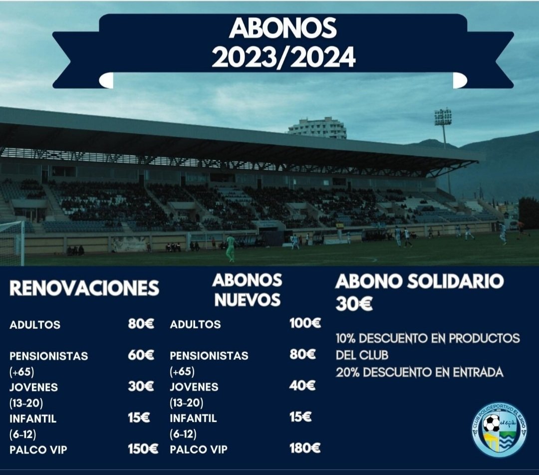 Poli_ElEjido's tweet photo. CAMPAÑA DE ABONOS 2023-2024.¡¡¡VAMOS CELESTES. SIN TI, NO ES POSIBLE. ABÓNATE!💙🤍💙 💪⚽⚽ EL 10 DE SEPTIEMBRE TE ESPERAMOS

*Renovaciones: …https://t.co/ZQRipfhLVl

*Nuevos/as abonados/as: …https://t.co/82EqP70Q1r

#SiemprePoli #Jornaleros #DeSolaSol #MuchoPoli #VamosEjido https://t.co/hVvPxkdyRQ
