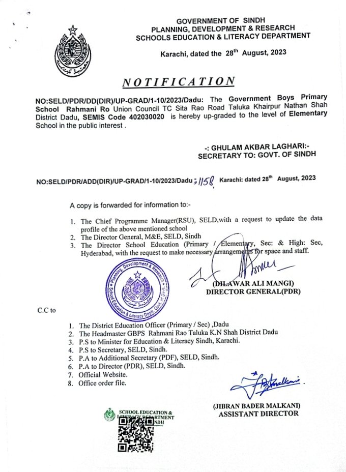 With the Hard work of Teachers,Students and Community members our School has been notified as the Elementary School.Thank God.