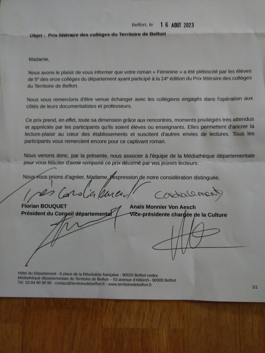 NielmanL's tweet photo. Prix territoire de Belfort
Joie de recevoir le courrier officiel 😁 
@territoirebelfort @PrixLitteraires @DefiBabelio @Scrineo https://t.co/Svo6yTxlx1