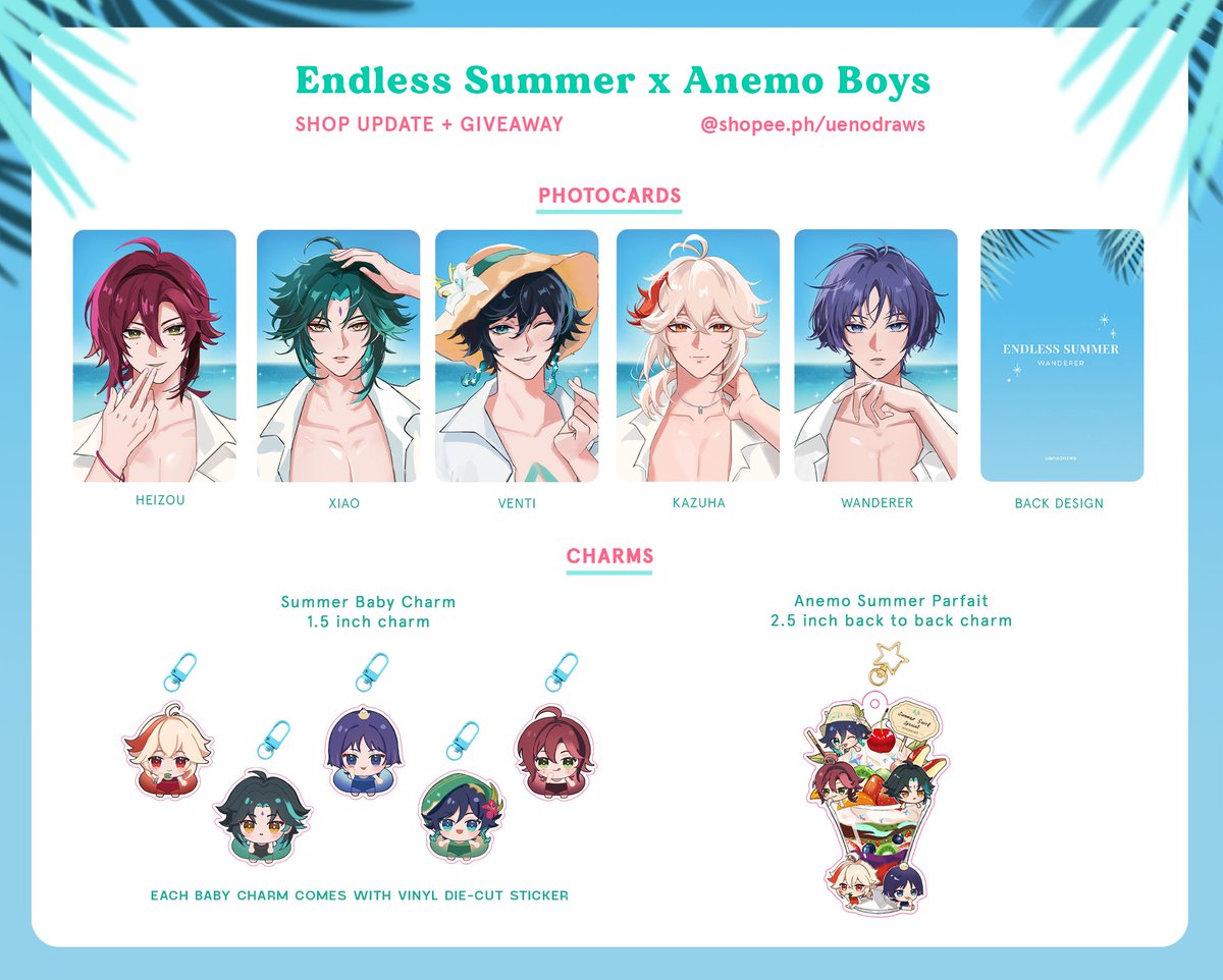 uenodraws's tweet photo. [RTs 🥹💖]

SHOP UPDATE + Giveaway 💕
Endless Summer x Anemo Boys 🏝️🍃 

🗓️ Sep 1, Fri — 9pm
🌴 new + restocks
🍧 limited stock on some items
🇵🇭 https://t.co/yca8KcqkFd

Giveaway PH ONLY
🎐 winner gets BUNDLE*
🎐 just RT this post ✨+ more details below https://t.co/Uki1eofhPF