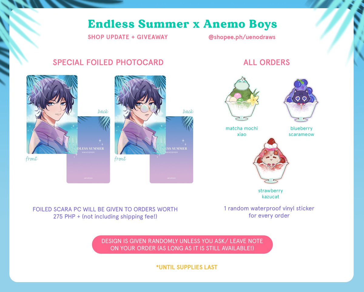 uenodraws's tweet photo. [RTs 🥹💖]

SHOP UPDATE + Giveaway 💕
Endless Summer x Anemo Boys 🏝️🍃 

🗓️ Sep 1, Fri — 9pm
🌴 new + restocks
🍧 limited stock on some items
🇵🇭 https://t.co/yca8KcqkFd

Giveaway PH ONLY
🎐 winner gets BUNDLE*
🎐 just RT this post ✨+ more details below https://t.co/Uki1eofhPF