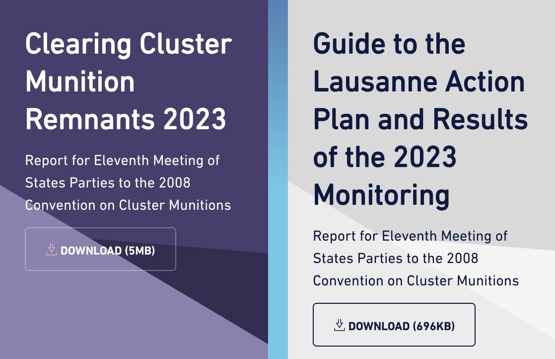 The 'Clearing Cluster Munition Remnants 2023' report is now online at mineactionreview.org, together with our guide to and 2023 Monitoring of the #LausanneActionPlan. Read up on global progress in #ClusterMunition #clearance ahead of next month's @ISUCCM #CCM11MSP! #MineAction