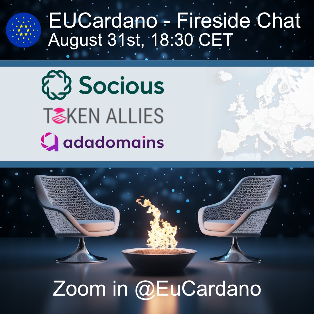 1/2 #SaveTheDate &amp; #RT!  

The next EU Fireside Chat is on Aug 31st, 18:30 CET
  #VCs #Talents &amp;  #Domains this is for Founders! 

❤️Meet the teams <a href="/SociousDAO/">Socious</a> <a href="/TokenAllies/">Token Allies</a> <a href="/adadomains_io/">adadomains.io</a> 

🌱 #Cardano learn how #Web3 empowers #Founders

#CardanoCommunity we are on🔥