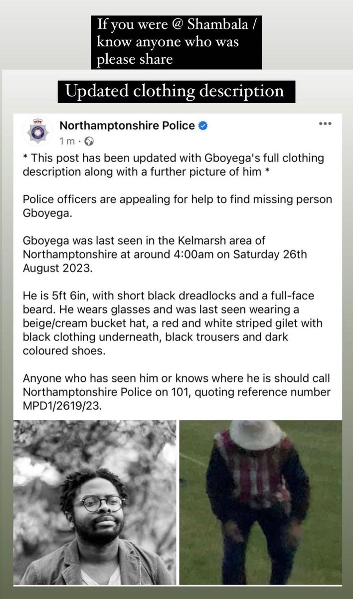 Anyone I know who is Northamptonshire-based please do share on. Friend of a friend, Gboyega, has been missing since Saturday: