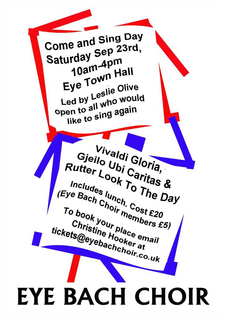 EyeBachChoir Suffolk (@eyebachchoirsu1) on Twitter photo Calling all keen choristers. Come & Sing Day with EBC, Sep 23rd, 10-4pm. Eye Town Hall. Led by Leslie Olive. Works: Vivaldi Gloria, Gjeilo Ubi Caritas & Rutter Look To The Day. Book online. Ā£20 inc a delicious lunch š <a href="/Eye_Suffolk/">EyeSuffolk.org</a> <a href="/johnmrutter/">John Rutter</a> #choralmusic Calling all keen choristers. Come & Sing Day with EBC, Sep 23rd, 10-4pm. Eye Town Hall. Led by Leslie Olive. Works: Vivaldi Gloria, Gjeilo Ubi Caritas & Rutter Look To The Day. Book online. Ā£20 inc a delicious lunch š <a href="/Eye_Suffolk/">EyeSuffolk.org</a> <a href="/johnmrutter/">John Rutter</a> #choralmusic