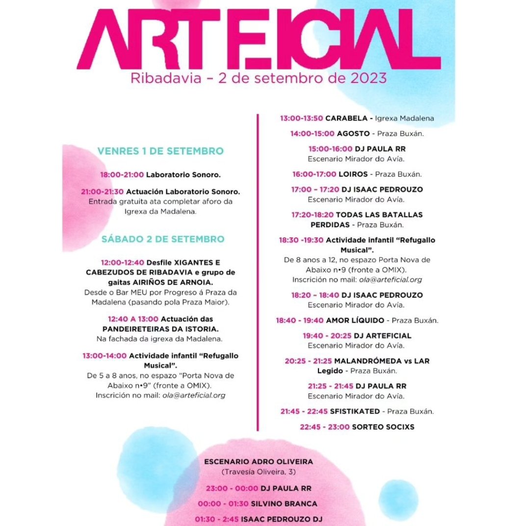 🍷 Este sábado 2 de setembro aterramos no Festival Arteficial, na capital do Ribeiro, Rivadavia!

🤸‍♀️ Malandrómeda VS. L.A.R.Legido, dialogo múltiple e ximnasia pra cosmonautas

🍾 Emocionadas e agradecidas. Vémonos!

#Malandrómeda <a href="/festiarteficial/">Arteficial</a>
