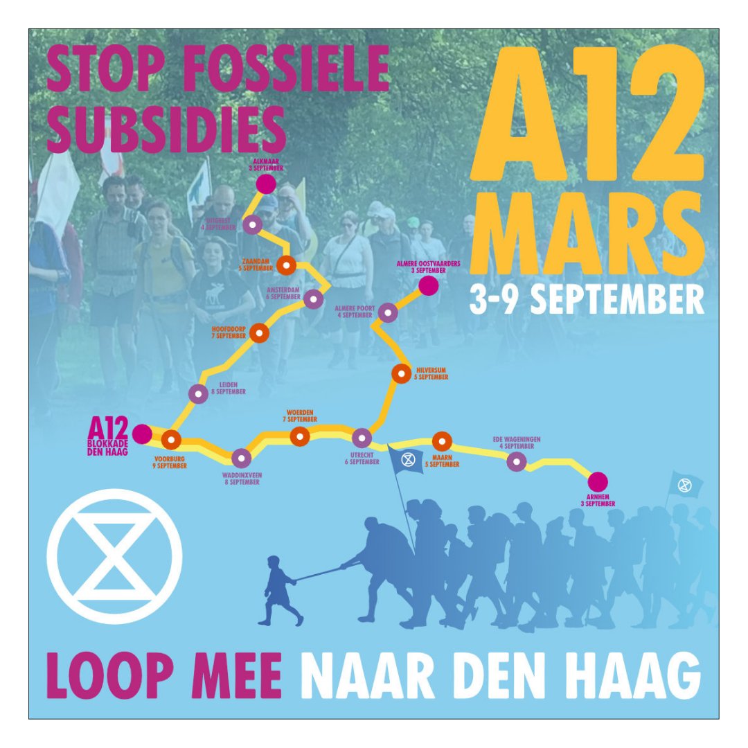 milieudefensie's tweet image. Loop mee met de A12-Mars van @NLRebellion van 3 t/m 9 september!

Vanuit Arnhem, Almere en Alkmaar starten groepen die elkaar onderweg ontmoeten en samen eindigen in Den Haag. 🚶‍♂️

Meer info 👉 bit.ly/A12-Mars

#A12Mars #actievoeren #actie #klimaatactivist