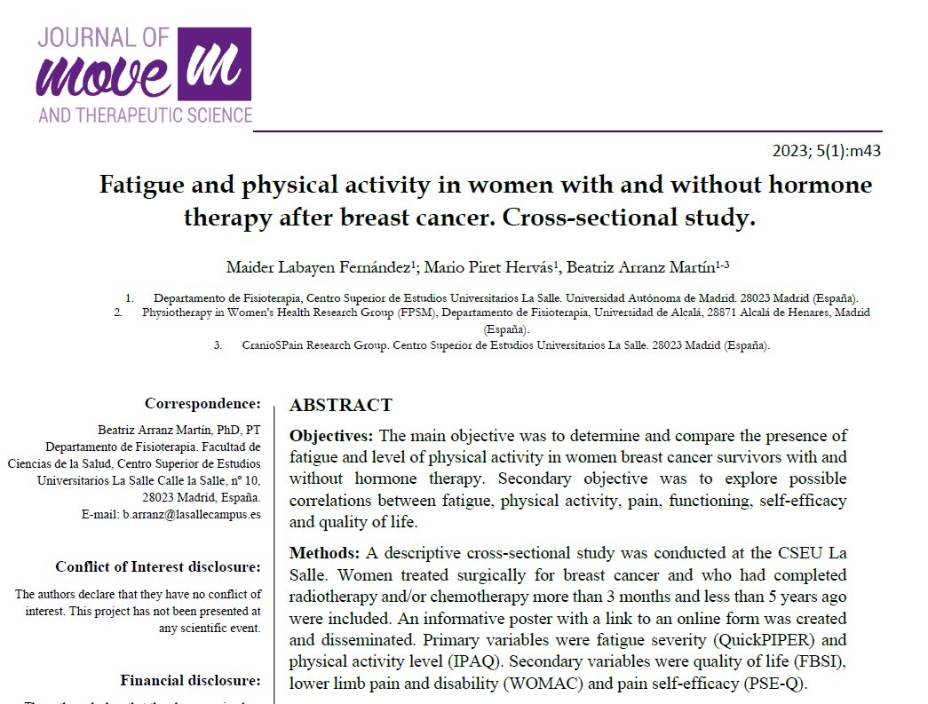 Ya casi decimos hola👋a septiembre con nuevo número de la revista <a href="/MOVEJournal/">MOVE</a>

En él publicamos un estudio sobre mujeres tratadas por #CancerDeMama comparando la fatiga referida por aquellas con y sin tratamiento hormonal

Acceso libre y en español
⬇️
jomts.com/index.php/MOVE…