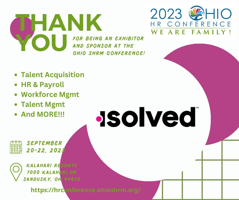 A BIG Thank You to iSOLVED for being an Exhibitor, and Registration Sponsor, for the Ohio SHRM Conference!!!! #shrmcp #shrmscp #isolved #ohshrm23 buff.ly/2FbcfVi