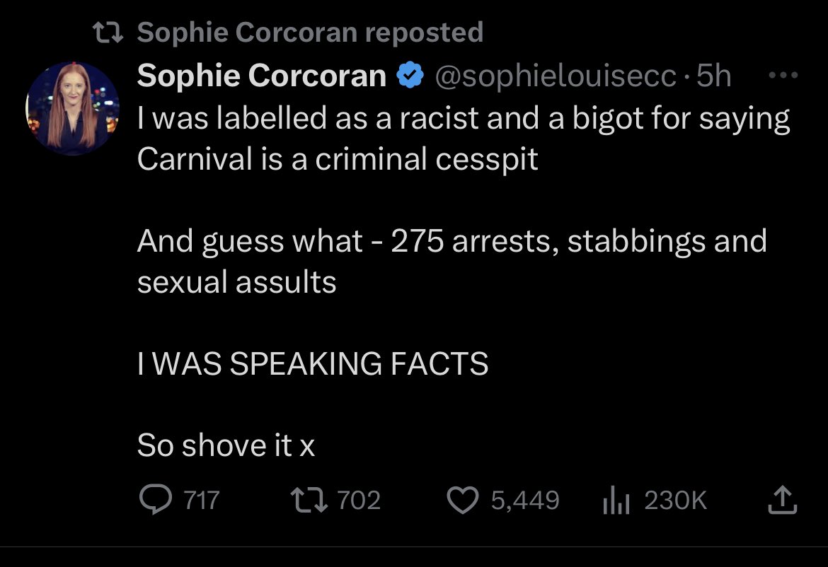 36 arrests at Glastonbury with an attendance of 210K is an arrest rate of 0.017%.

275 arrests at Notting Hill with an attendance of 2m is an arrest rate of 0.014%.

So yes, your statement is bigoted, based on a prejudice against black people &amp; that is what makes you a racist.