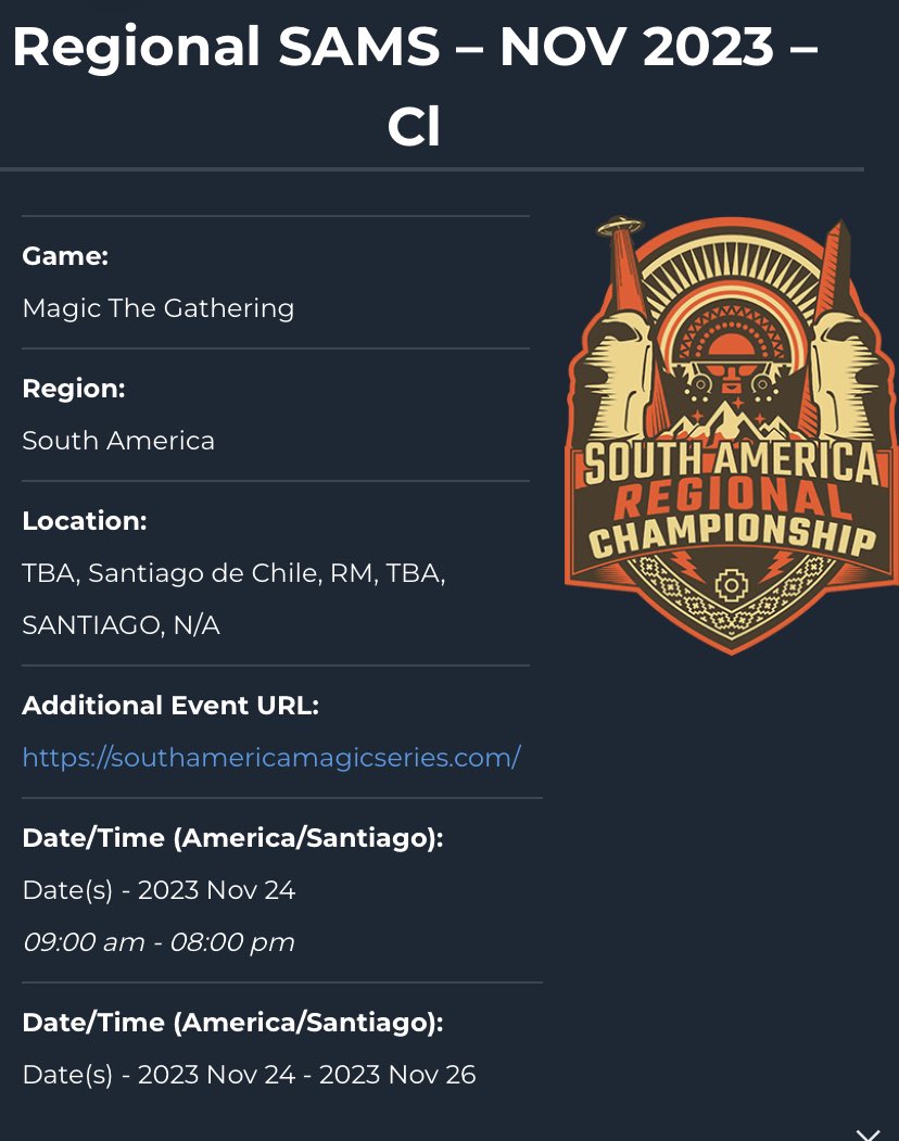 Ya tenemos fecha para la próxima final regional de los South America Magic Series. 24, 25 y 26 de noviembre. 
Prepara tus pasajes si ya estás clasificado para esta ronda 4 en formato Pioneer. 
<a href="/fireshoes/">Robert Taylor🔥</a> 
#MTG