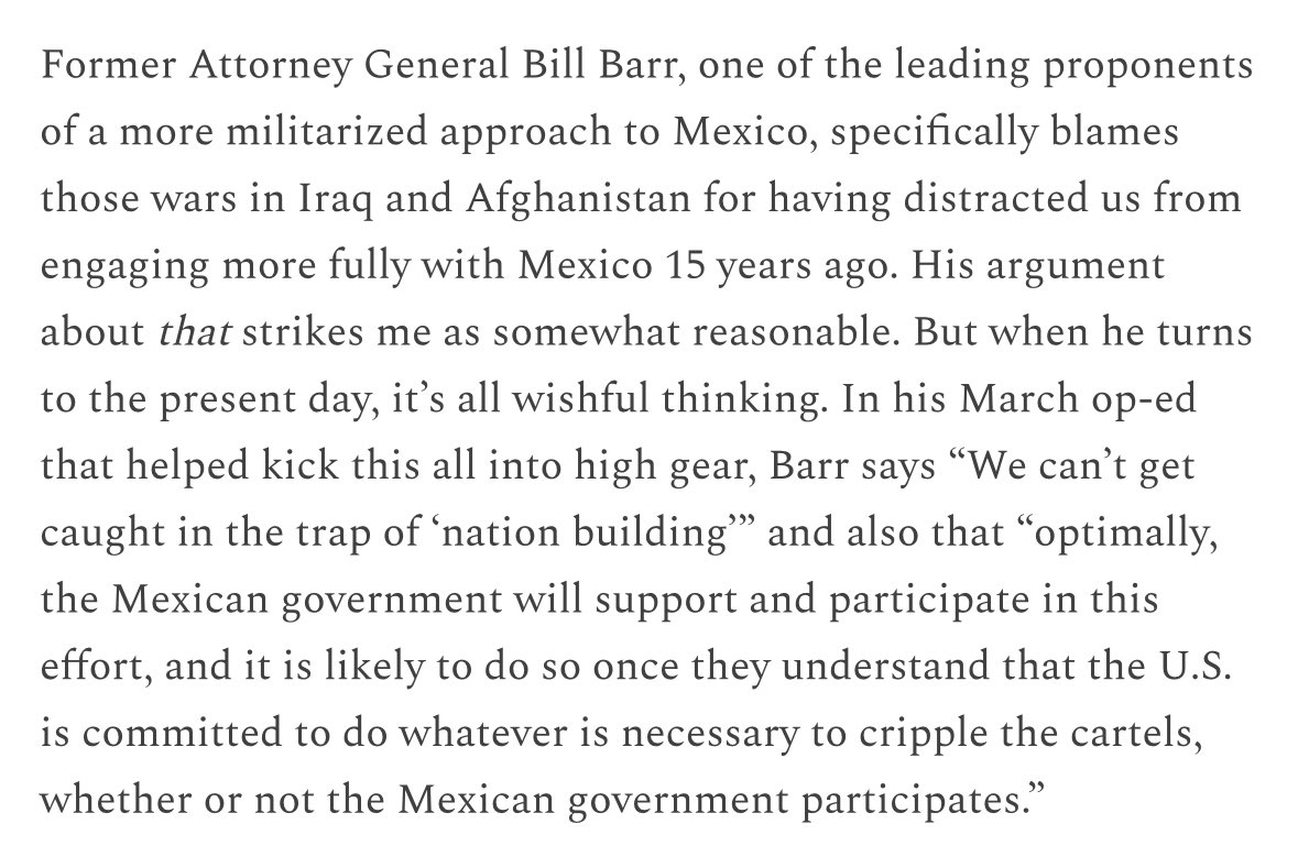 mattyglesias's tweet photo. Bill Barr’s plan — invade Mexico, kill some cartel guys, hope the Mexican government decides they welcome this course of action, then leave quickly without any messy nation-building.

https://t.co/DBEZCzDHOV https://t.co/EC9Lsjcgxs
