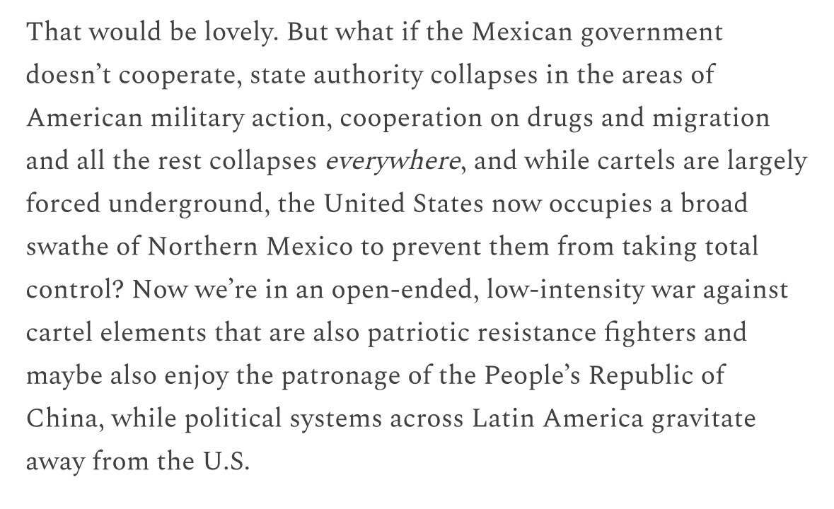 mattyglesias's tweet photo. Bill Barr’s plan — invade Mexico, kill some cartel guys, hope the Mexican government decides they welcome this course of action, then leave quickly without any messy nation-building.

https://t.co/DBEZCzDHOV https://t.co/EC9Lsjcgxs