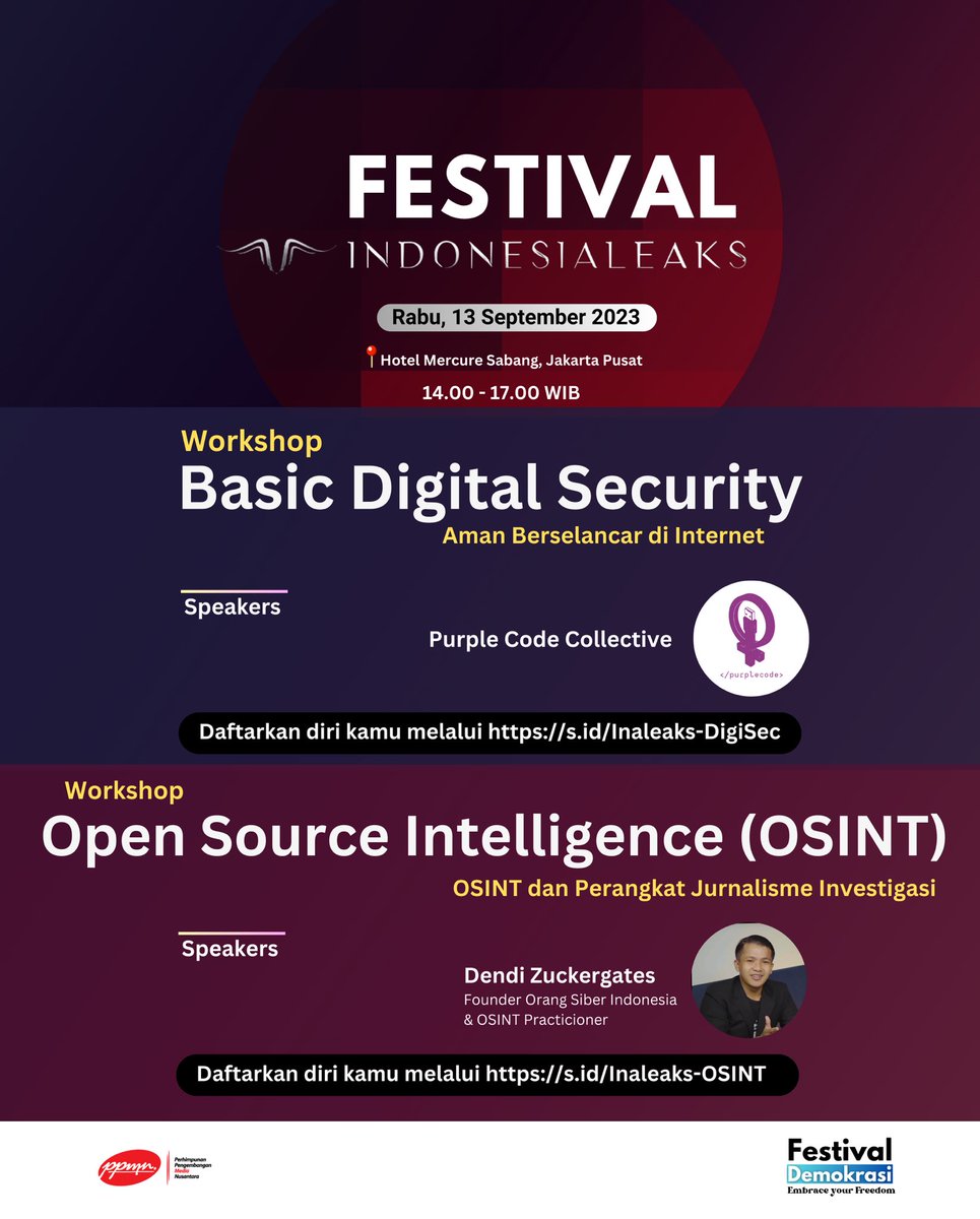 PPMN_official's tweet photo. Seberapa aman kamu menyebarkan informasi? Sudahkan kamu memperhatikan keamanan digital sebelum menyampaikan informasi? Ingin tahu cara memanfaatkan data publik dalam liputan investigasi?

Cari tahu jawaban ini di #FestivalIndonesiaLeaks!👇 https://t.co/EcuSvsreeW