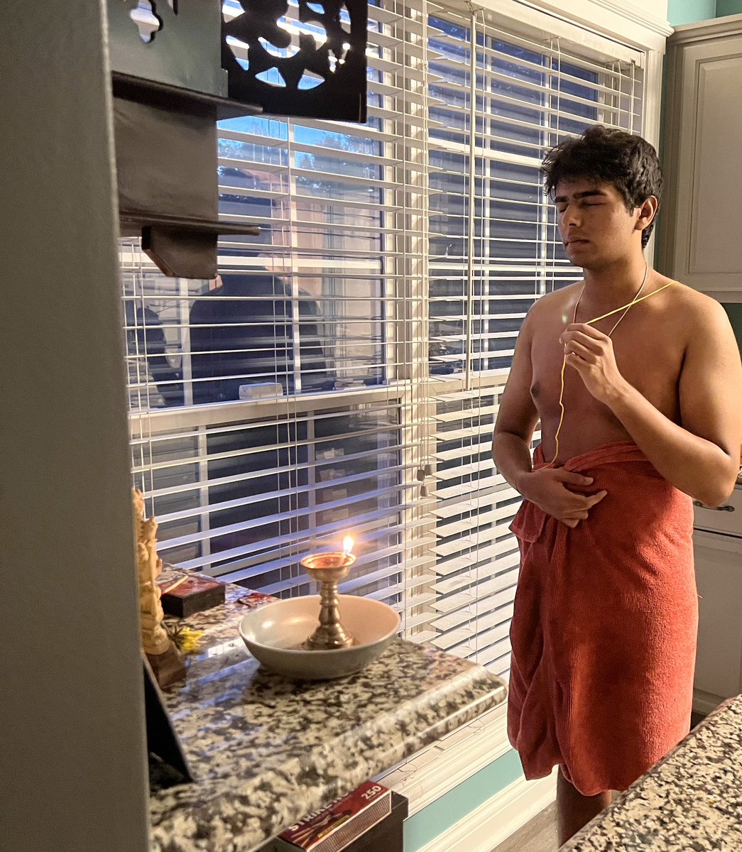 rupamurthy1's tweet photo. As I got home from my morning walk, this was what I walked into. Kishan had discarded his old Yagnopaveetha (Janivara/Janeu), worn a new one, and was chanting Gayatri Mantra.
“Mommy, today is Upakarma for us, I was supposed to change the Janivara” he said.
I was so overcome with emotions to see my kid following his dharma, I couldn’t say much….I simply blessed him.
This mother seeks your blessings for her son.
🙏🙏🙏
#Upakarma
