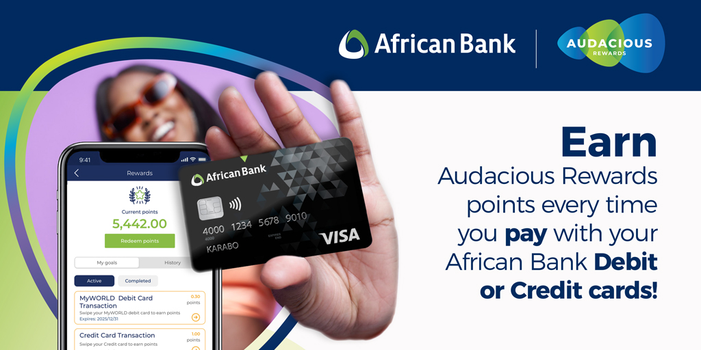 AfricanBank's tweet photo. Earn rewards the easy way with our #AudaciousRewards! Swipe or shop online with your African Bank debit or credit cards & earn points every time. Learn more: https://t.co/Xogukxsjni
Remember to download the #AfricanBank #App! Bank App.
#CreditCardRewards #DebitCardRewards https://t.co/MJMJ7iKTTS