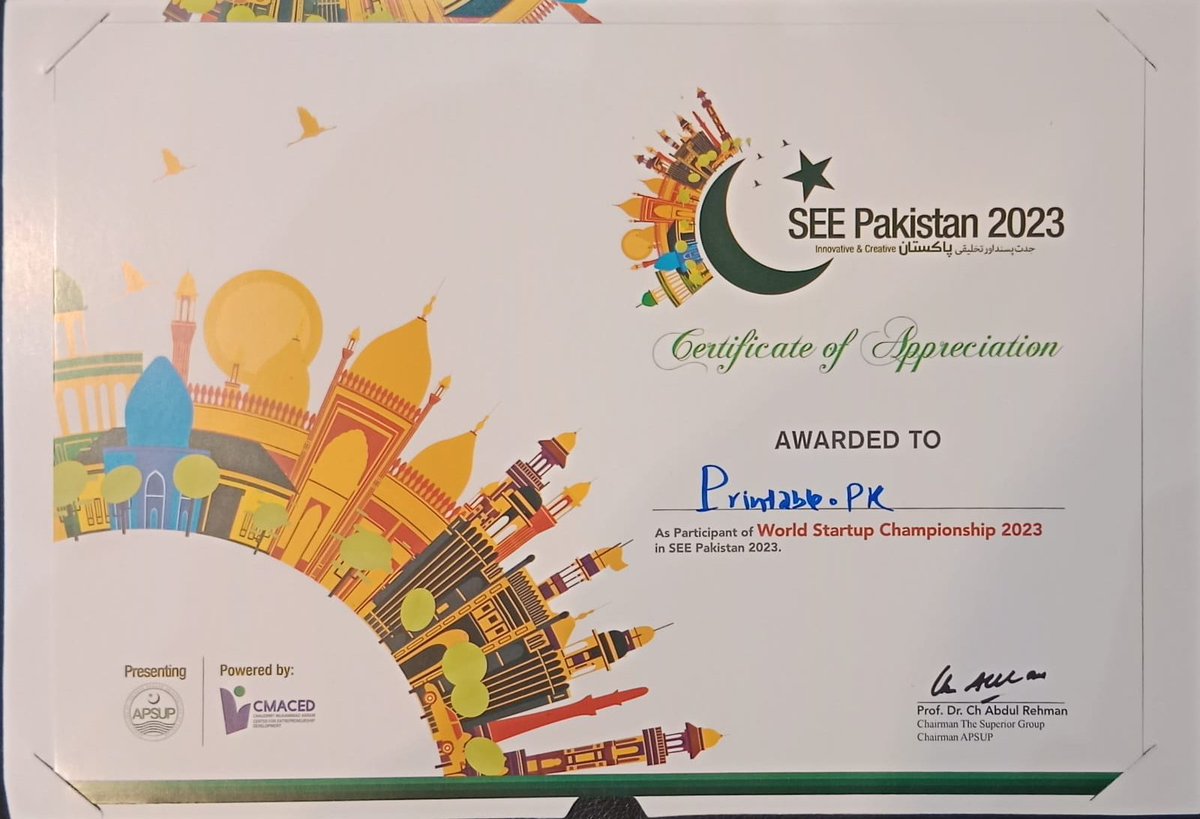 Celebrating Success at SEE Pakistan Expo!
We're thrilled to share that @Printablepk received a Certificate of Appreciation for our creative contributions. This recognition inspires us to continue delivering personalized products that stand out.
#SEEPakistanExpo #StartupShowcase