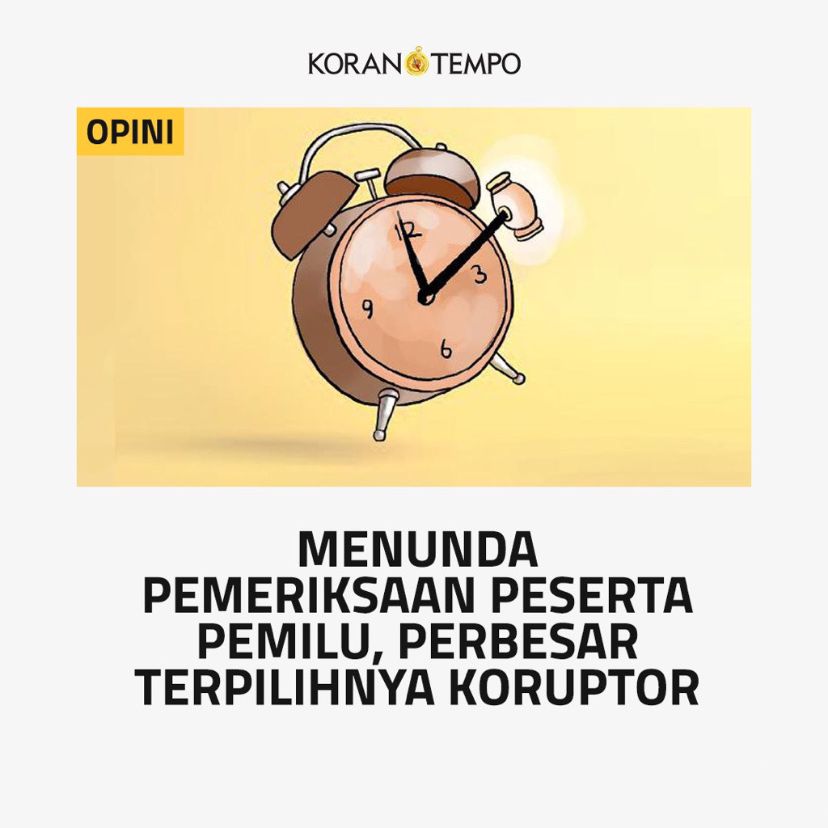 Tempo_Plus's tweet photo. Jaksa Agung Sanitiar Burhanuddin menerbitkan memo kepada seluruh jaksa untuk menunda pemeriksaan bagi peserta pemilihan umum.

Moratorium pemeriksaan ini berlaku bagi calon anggota legislatif, kepala daerah, dan presiden serta wakilnya.

#Editorial #KoranTempo https://t.co/VgLPQPxBjO
