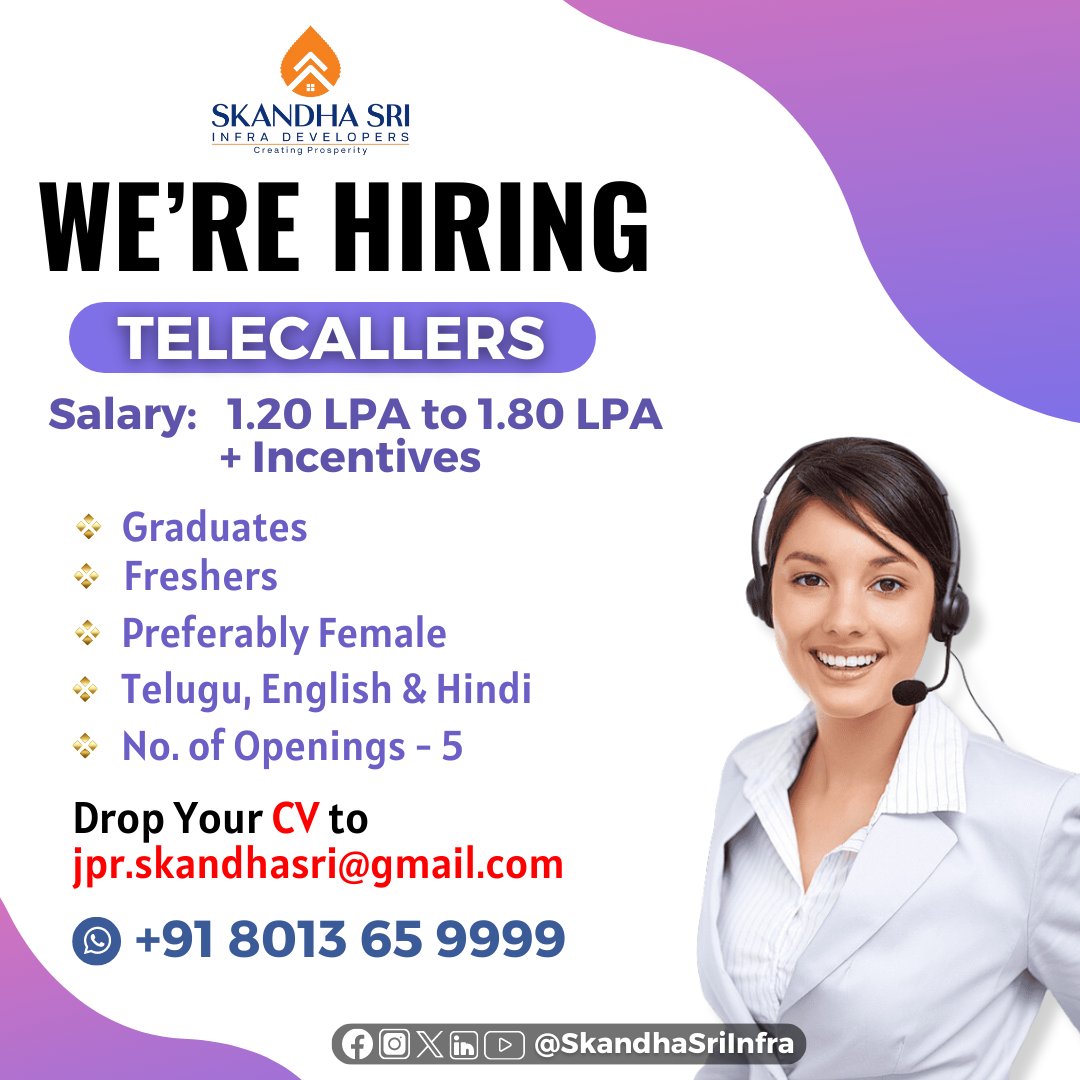 We are Hiring Now - TELECALLERS 

Location: Madhapur, Hyderabad.

Call Now: +91 8013 65 9999

#skandhasriinfradevelopers #skandhasrihyd #Hyderabad #hyderabadjobs #hyderabadjobseekers #madhapurhyderabad #hitechcity #madhapur #Telecaller #telecallerjob #jobsinhyderabad