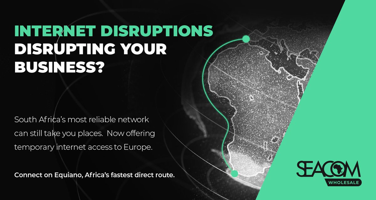 SEACOM's tweet image. Three major internet cables to South Africa are offline but SEACOM has you covered! We're now offering a temporary connection direct to Europe via our Equiano link. 

Get connected with SEACOM, now: buff.ly/3NgsDb5 

#SEACOM #Equiano #SEACOMWholesale #EquianoLink #Cables