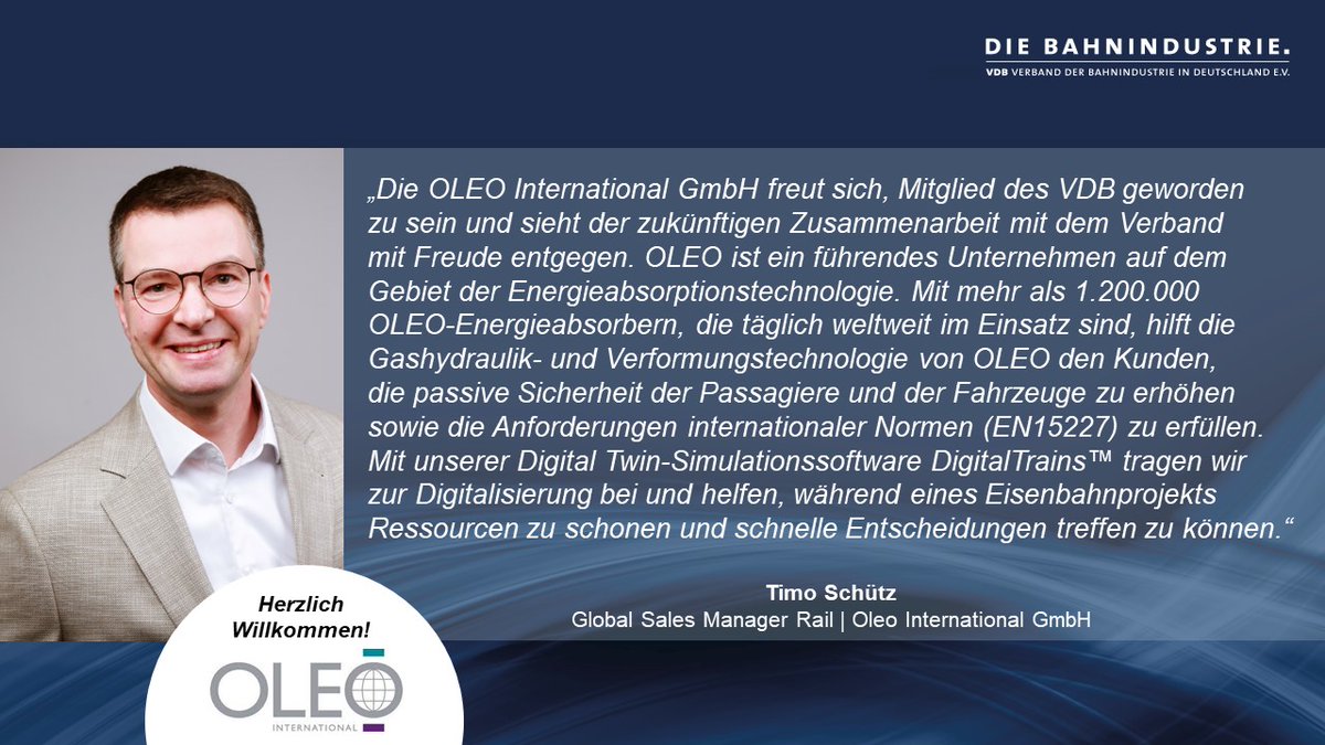 🆕Neu im VDB 🆕 Herzlich willkommen Oleo International GmbH! Spezialist für #Energieabsorptionstechnologie, deren Digital Twin-Simulationssoftware #Eisenbahnprojekte mittels #Digitalisierung voranbringt. Website👉t.ly/veQDb VDB-Mitgliedschaft👉bit.ly/3K8EmFY