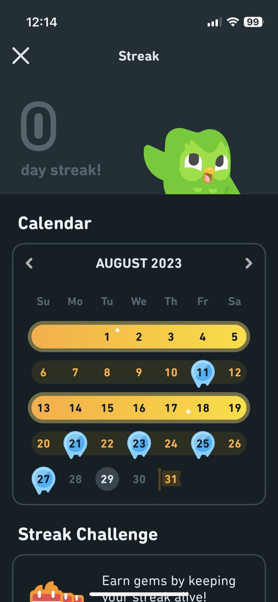 foramzy's tweet photo. I’ve been on a streak for hundreds of days and I missed one day even though I got a streak freeze and somehow I’m reset to 0? @duolingo @duolingoUK https://t.co/Z6VAqUfeTB