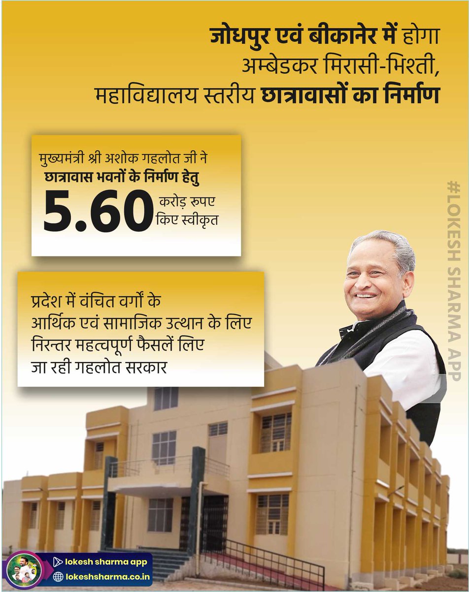PinaraNarendra's tweet photo. मुख्यमंत्री श्री अशोक गहलोत जी ने छात्रावास भवनों के निर्माण हे���ु 5.60 करोड़ रूपए किए स्वीकृतप्रदेश में वंचित वर्गों के आर्थिक एवं सामाजिक उत्थान के लिए निरन्तर महत्वपूर्ण फैसलें लिए जा रही गहलोत सरकार

#LokeshSharmaApp
@ashokgehlot51
@_lokeshsharma
https://t.co/NLJoBJFlWh https://t.co/kd7xFnxfSD