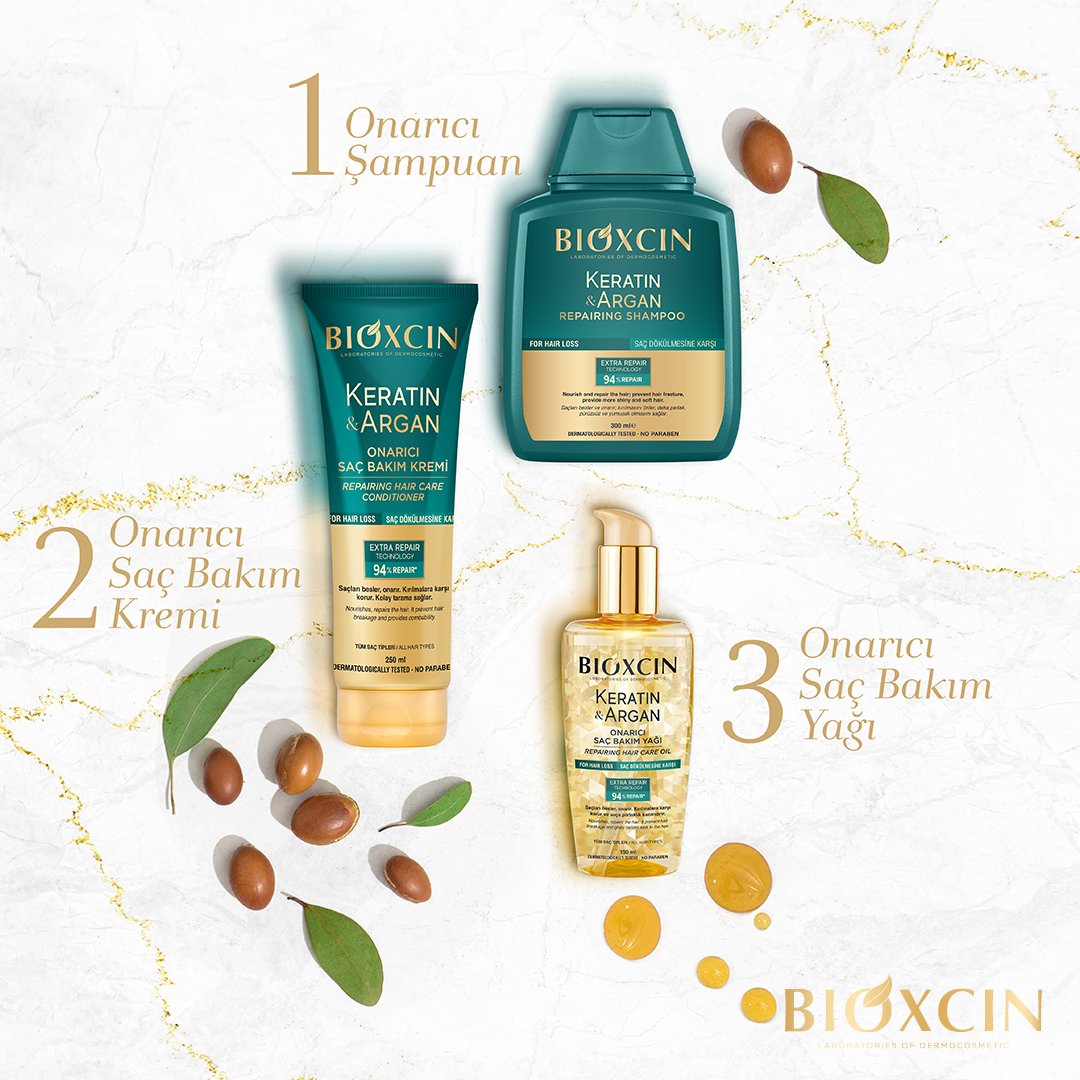 Saçlarınızın ihtiyaç duyduğu bakım ve güzellik bir arada! 

Bioxcin Keratin&amp;Argan Onarıcı Saç Bakım Serisi saçları yoğun bir şekilde onarır ve canlılık katar.🌟