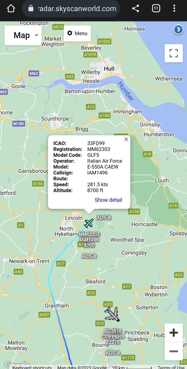 scan_sky's tweet photo. Italian Air Force 🇮🇹 - E-550A CAEW - #MM62303 - #IAM1496
Inbound To RAF Waddington 🇬🇧 In Preparation For Exercise #CobraWarrior 23-2. https://t.co/LBvchC0Aax