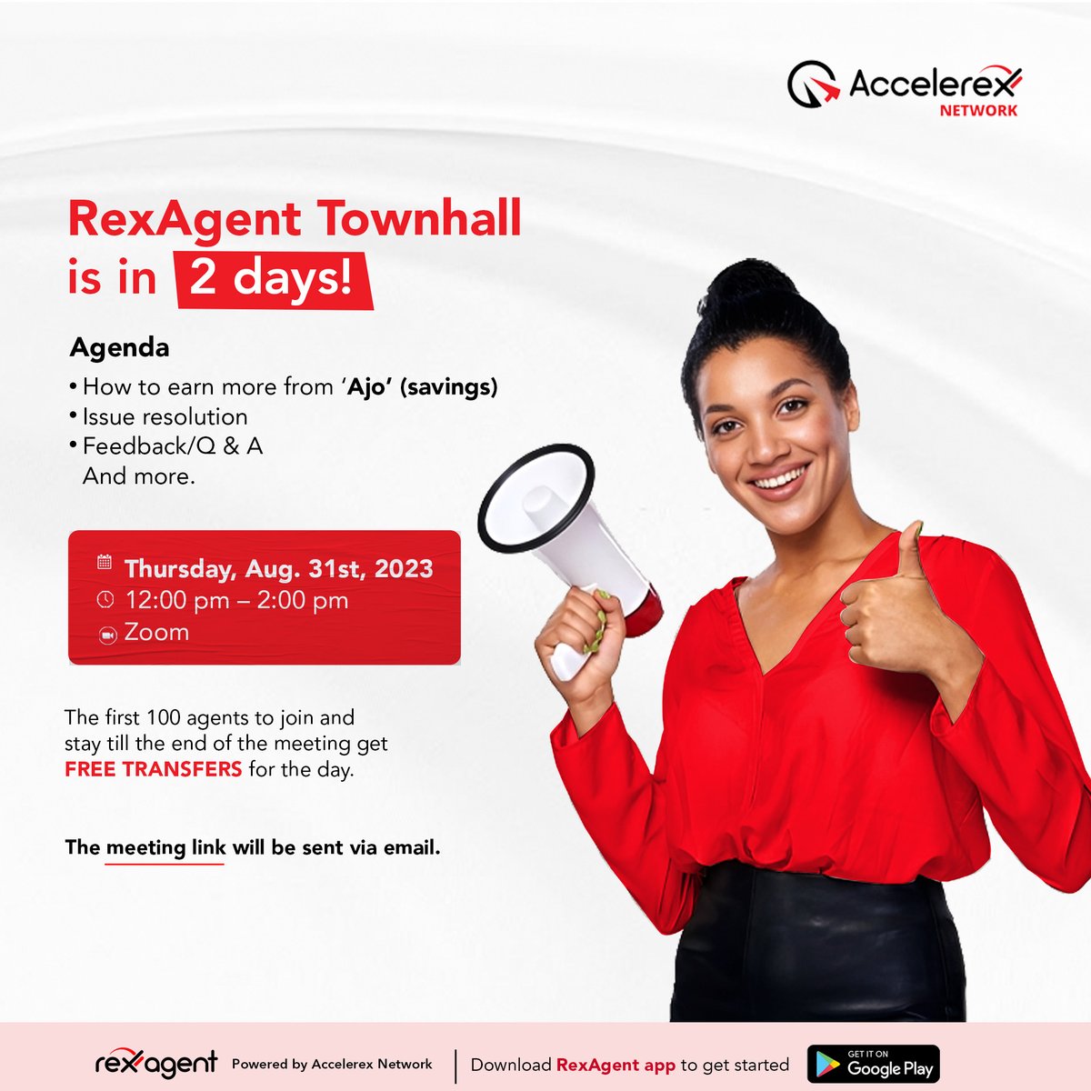 AccelerexN's tweet photo. Countdown to RexAgent Townhall 💃 We look forward to connecting with you and teaching you how to earn more while using RexAgent.

Remember say RexAgent dey for you. No miss am!

#Accelerex 
#Accelerexnetwork 
#RexAgent 
#Financialinclusion https://t.co/N0oqRrefHG
