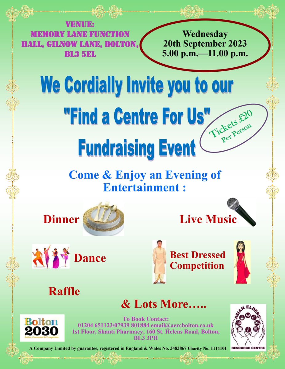 RumworthPCN's tweet photo. 💫 Come along to the “Find a Centre For Us” fundraising event
🗓️ Wednesday 20th September, 5pm - 11pm
📍Memory Lane Function Hall, Gilnow Lane. BL3 5EL
💷 £20 Per Person

@AsianElders @BoltonCVS @boltongpfed 
#fundraising #findavenue #Bolton #TeamBolton https://t.co/zo0Id1tPan