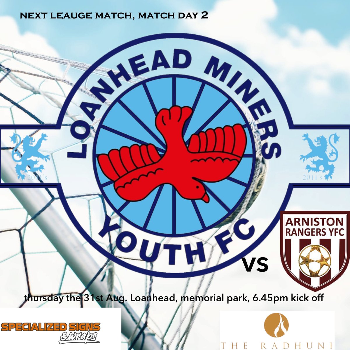 Thursday we welcome <a href="/arnistonyfc/">Arniston Rangers YFC</a>  to memorial park for a 6:45pm kick off 🤝
Was a good crowd on Sunday so hopefully see you all down again 💙

Sponsored by <a href="/TheRadhuni/">The Radhuni</a> <a href="/watsonlyns/">lynsey watson</a> (feet&amp;co) <a href="/SpecializedSign/">SpecializedSigns</a> JB painting and Decorating 🫶