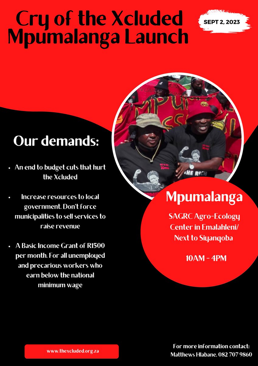 CryofXcluded's tweet image. 📢 Join us to launch CryX Mpumalanga at @SAGRC5's Agro-Ecology Center in Emalahleni on Saturday, 02 September from 10AM.
#YearOfMassAction 
#EndAusterityNow 
#2024IsOur1994