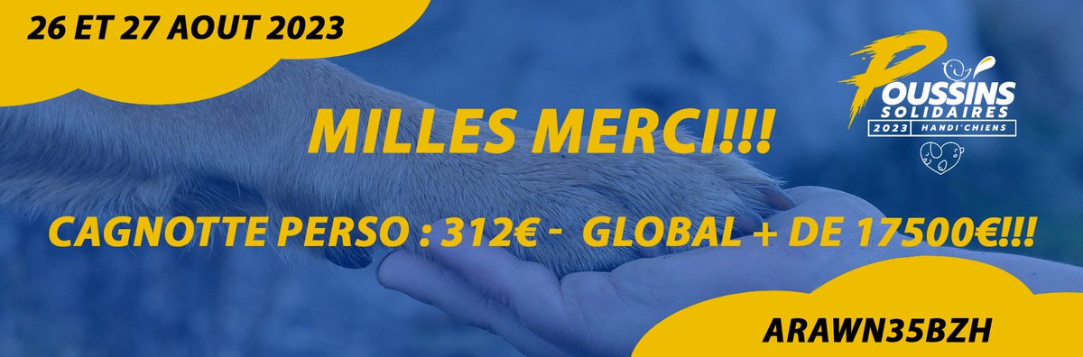 ArawnADV's tweet photo. 🌟 un peu en retard mais, Un immense MERCI à vous tous pour votre incroyable générosité lors de l'événement @LesPoussinsSlds  au profit de @handichienscom  ! Grâce à vos dons, ma cagnotte a atteint 312€, contribuant ainsi à la somme globale de plus de 17 500€. Votre soutien chaleureux fait toute la différence. Ensemble, nous faisons avancer de nobles causes. 💙🐾 #Solidarité #HandiChiens #Merci