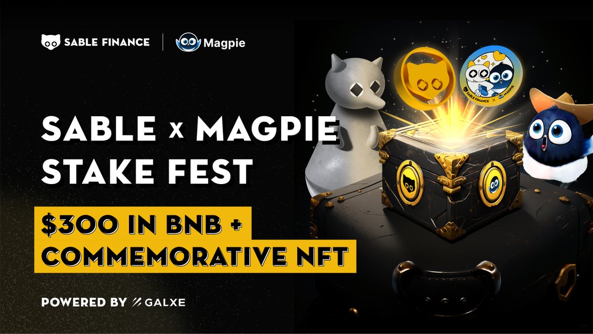 SableFinance's tweet photo. 𝗧𝗵𝗲 𝘂𝗹𝘁𝗶𝗺𝗮𝘁𝗲 𝘀𝘁𝗮𝗸𝗲-𝗮𝘁𝗵𝗼𝗻 𝗶𝘀 𝗵𝗲𝗿𝗲 ▶️ @SableFinance x @magpiexyz_io Stake Fest 💖🦊

💰Mint $USDS on https://t.co/yez9qGWmKE &amp; deposit in Magpie's $USDS pool for a shot at a share of $300 in BNB rewards + NFT!

⌚️ 29 Aug - 8 Sep
🔗 https://t.co/BiNHhZRyw5 https://t.co/sv1Ke8kXtG