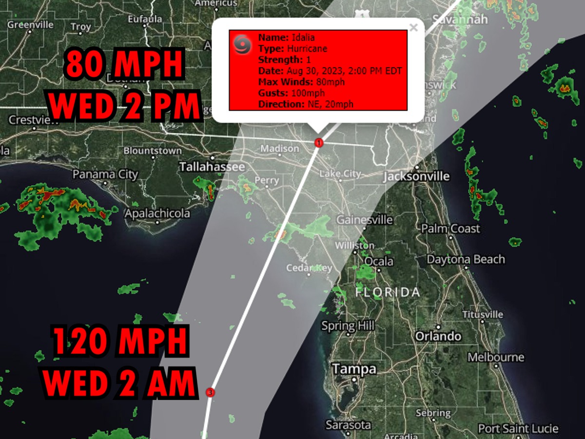 Current Tuesday 5am track with expected strength. Appears Idalia will still be intensifying towards landfall. Fast moving will cause slow weakening through the state. Still showing a Hurricane at the FL/GA line. FDEM feels a chance of more power outages possible than with Ian.…